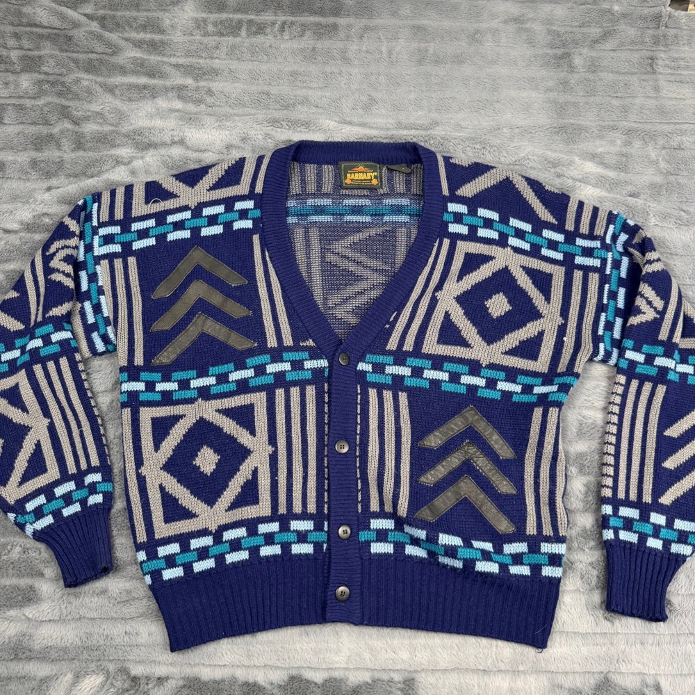 Barnaby Vintage Geometric Tribal Cardigan Sweater Navy Blue Leather Trim XL